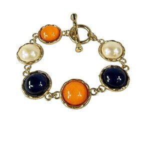 Gold Tone Chain Bracelet Faux Pearl Navy & Orange Cabochon Accents Toggle Clasp